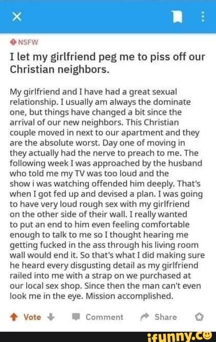 O Nsfw I Let My Girlfriend Peg Me To Piss Off Our Christian Neighbors