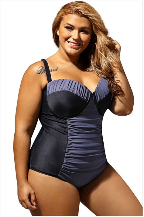 2017 Plus Size One Piece Swimsuit Women Black Sheer Lace Insert Ruched