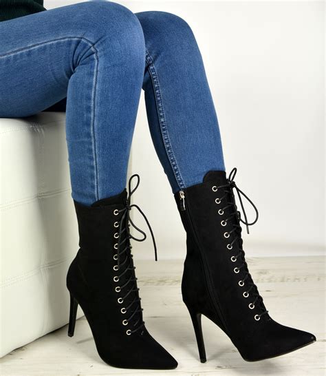womens ladies high top lace  ankle boots stiletto high heels zip
