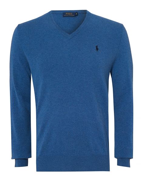 Ralph Lauren Mens V Neck Jumper Merino Wool Blue Sweater