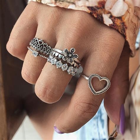 pcsset bohemian retro jewelry hollow heart flowers crystal carved geometric silver ring set