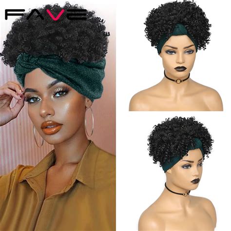 Fave Turban Wig Short Afro Kinky Curly Synthetic Wrap Hair Afro Curly