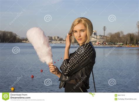 Lifestyle Young Happy Hipster Woman Eating Sweetened Cotton Candy