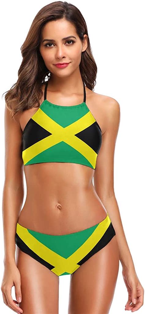 Zzkko Jamaica Flag Bikini Swimsuit Womens High Neck Halter