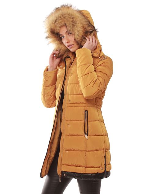 womens puffer parka coat faux fur size 12 8 10 14 16 black mustard