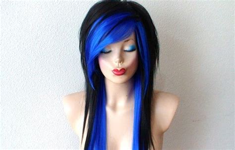 scene wig emo hair wig black blue wig long straight