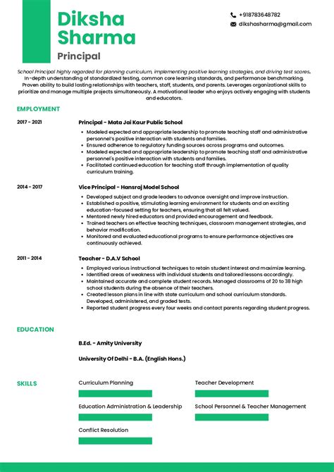 sample resume  school principal  template writing guide resumodco