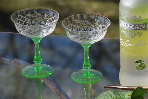 vintage etched green stems wine and cocktail glasses set