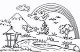 Mewarnai Pemandangan Gunung Sawah Sketsa Lukisan Menggambar Sudah sketch template