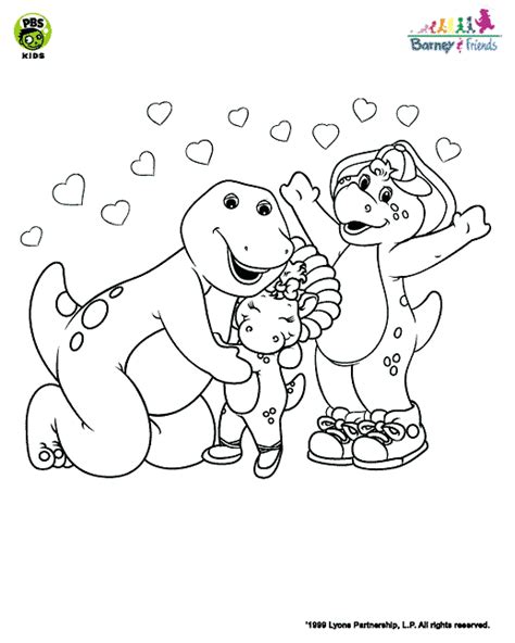 barney baby bop bj hugging hearts coloring page printable