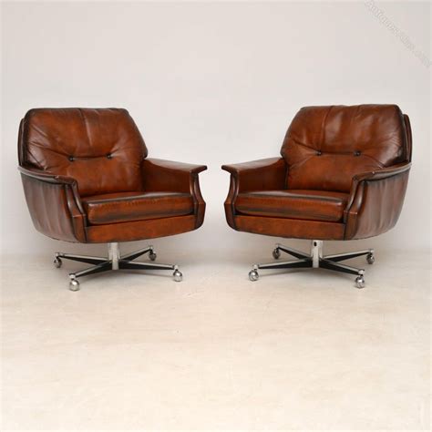 antiques atlas pair  vintage leather chrome swivel armchairs