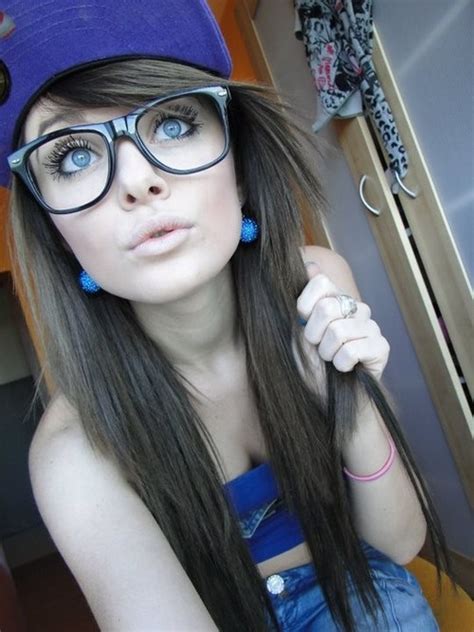 Image Pretty Girl Sexy Jeans Glasses Hat Earrings Blue