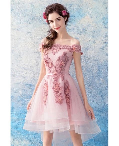cute pink tulle lace high low prom dress short off