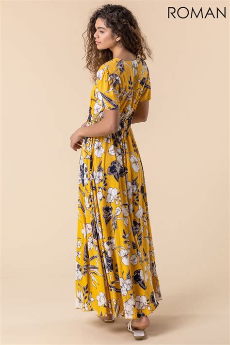 Buy Roman Yellow Floral Print Shirred Waist Maxi Dress From The Next Uk
