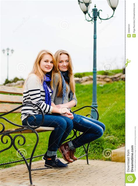 Two Happy Teen Girls Friends Having Fun Outdoors Stock Image Image