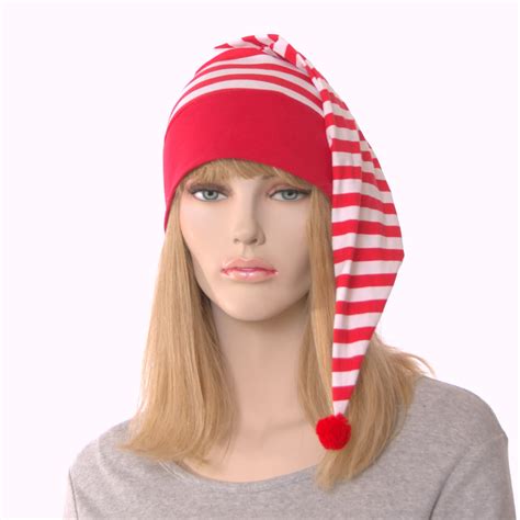 christmas nightcap red white stripe night cap pompom cotton adult men
