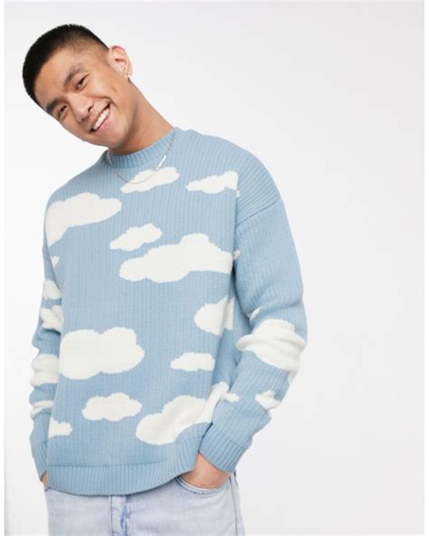 asos oversized knitted sweater  cloud design  blue  men lyst