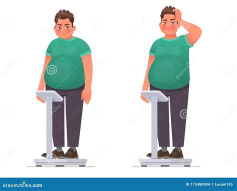 sobrepeso  gordo pensativo esta parado en la balanza es hora de perder peso ilustracion del
