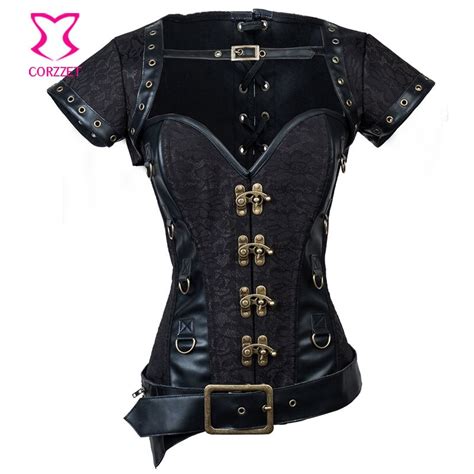black brocadeandleather corsetto steampunk corset steel bone waist
