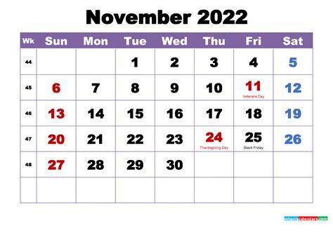november  calendar  holidays printable
