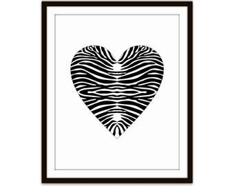 zebra heart art animal print    black white print wall