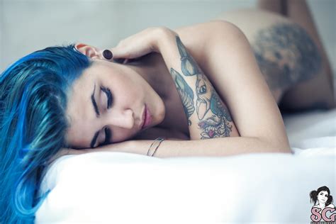 Wallpaper Women Dyed Hair Long Hair Blue Hair Tattoo