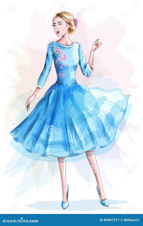 Stylish Beautiful Girl In Blue Dress Fashion Woman Sketch Stock
