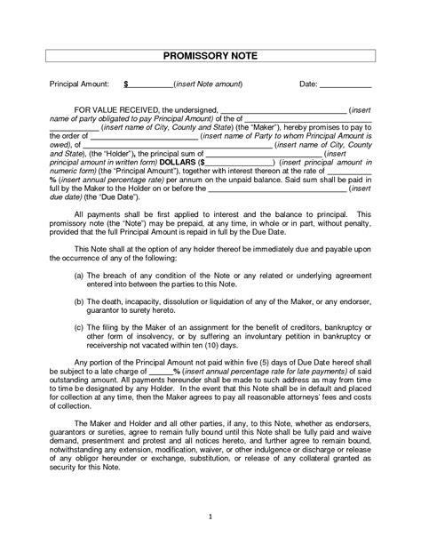 promissory note template  printable documents