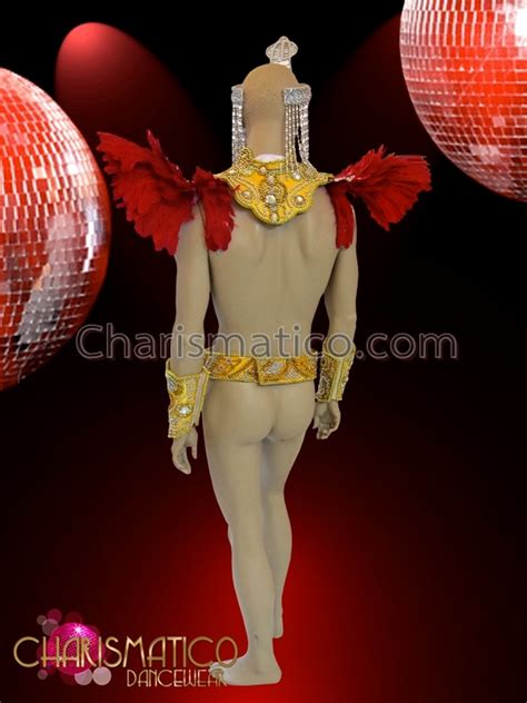 Red Feather Accented Gold Mens Four Piece Brazilian Carnival Costume