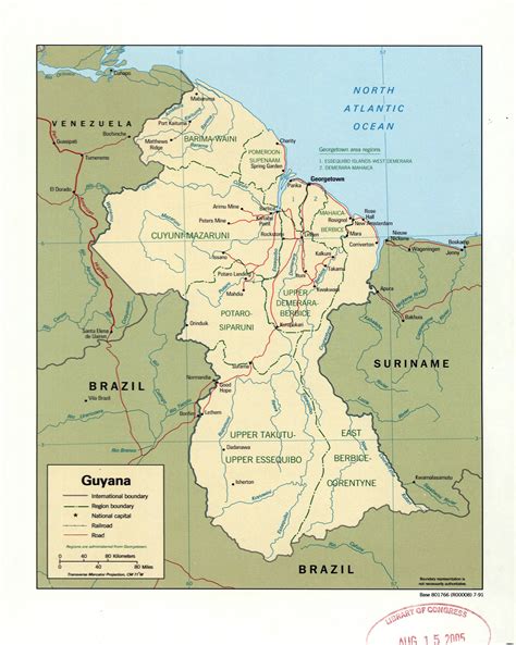 large detailed political  administrative map  guyana  marks