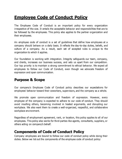 employee code  conduct policy  word   formats