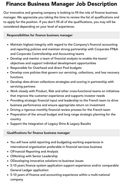 Finance Business Manager Job Description Velvet Jobs