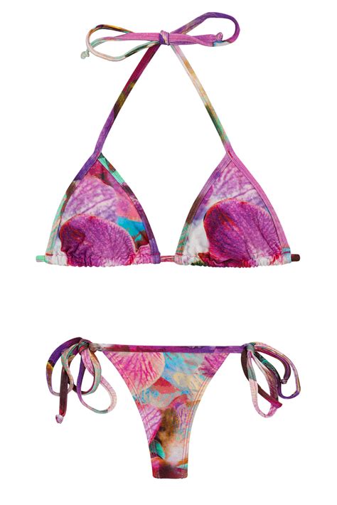 Side Tie String Bikini In Pink And Purple Flowers Tri Micro Maxi