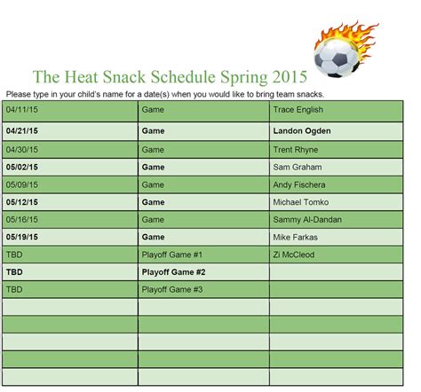 snack schedule  heat soccer team