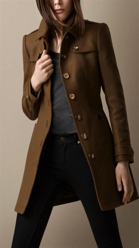 lyst burberry leather detail wool twill trench coat  brown