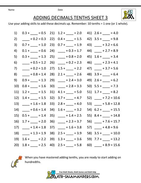 decimal worksheet  answers