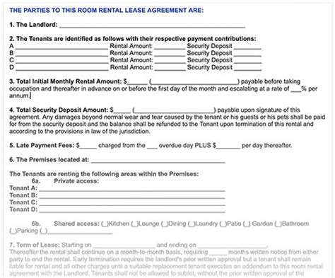 room rental agreement template  word