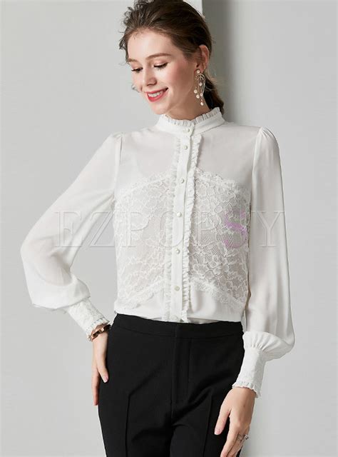 tops blouses mock neck patchwork lace lantern sleeve