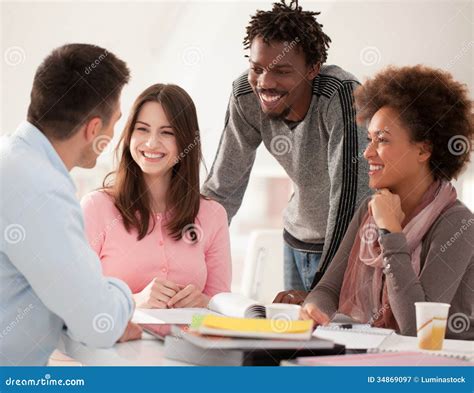 multiethnic group  college students studying  stock image