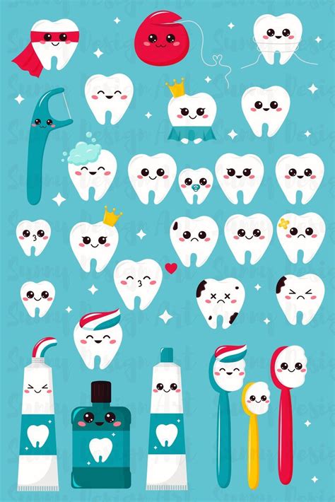 vector dental clipart kawaii tooth toothbrushes toothpaste etsy