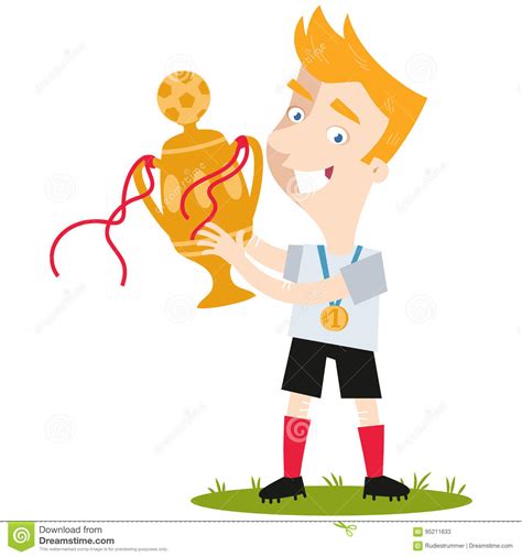 smiling blond cartoon soccer player celebrating win holding trophy