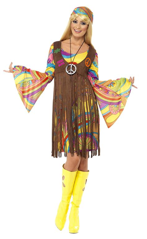 Womens 60s 70s Hippie Girl Peace Dress And Waistcoat Costume