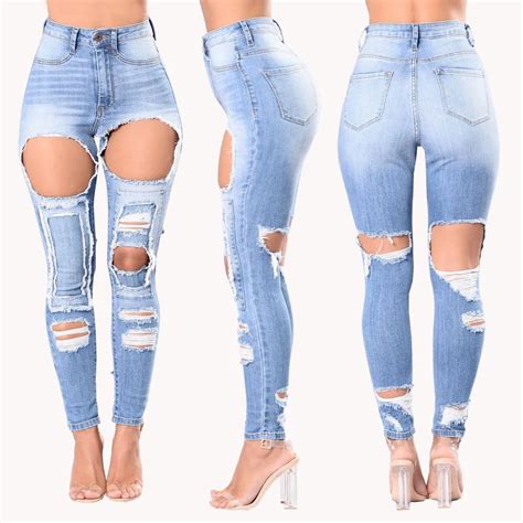 Back Knee Big Holes Ripped Jeans For Women High Waist Stretch Destroyed
