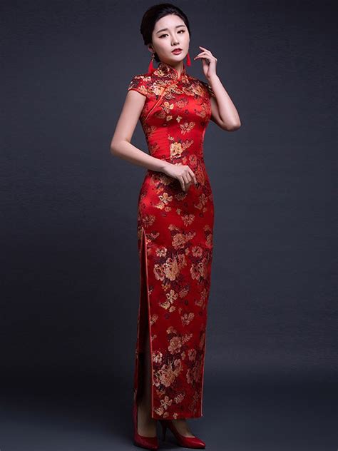red silk ankle length qipao cheongsam wedding dress with peony