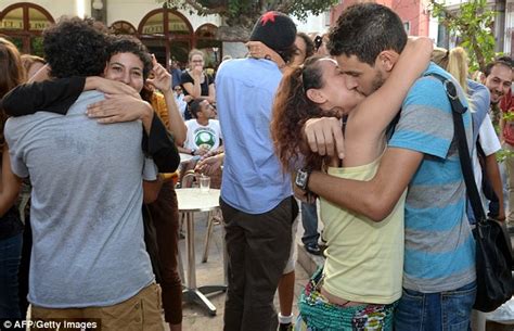 pictured the public kiss that got two moroccan teenagers arrested for being a danger to social