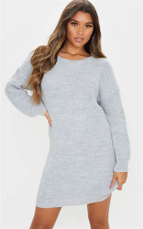 grey basic knit jumper dress knitwear prettylittlething
