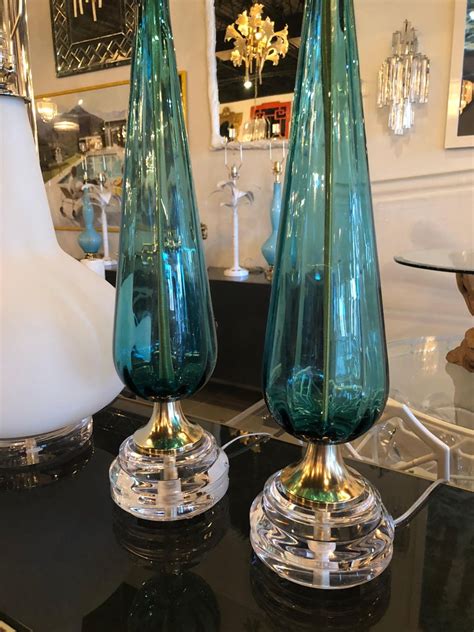 vintage murano aqua blue glass brass lucite table lamp  pair