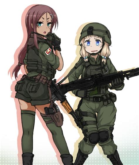safebooru 2girls ahagon umiko army assault rifle blonde hair blue