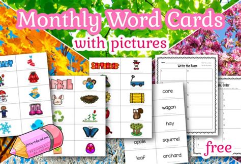 monthly word cards  pictures  word work