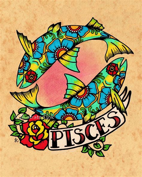 pisces zodiac print tattoo art fish astrology sign